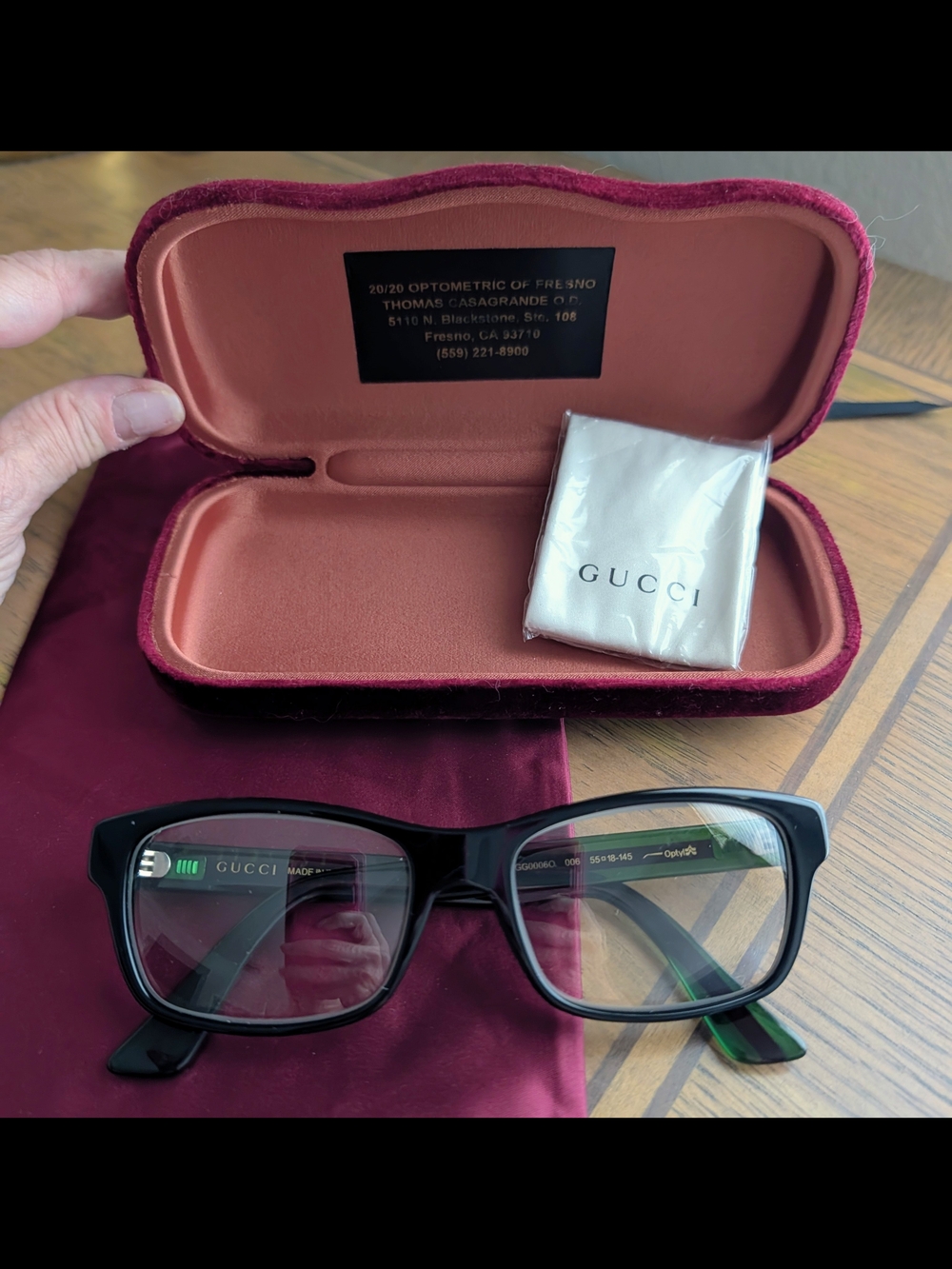 Gucci Black Rectangular Optical Glasses with Maroon Case